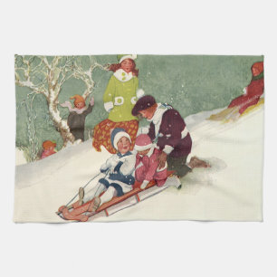 Oud Kerstmis, kinderen sleeën in de sneeuw Theedoek