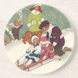 Oud Kerstmis, Kinderen sleeën in de sneeuw Zandsteen Onderzetter
