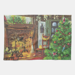 Oud Kerstmis, knus blokhut met open haard Theedoek