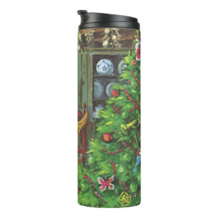 Oud Kerstmis, knus blokhut met open haard Thermosbeker