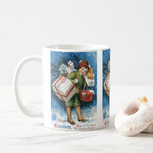 Oud Kerstmis, Meisje met Cadeaus in Wintersneeuw Koffiemok