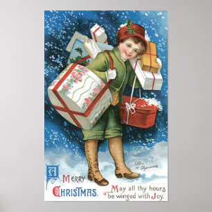Oud Kerstmis, Meisje met Cadeaus in Wintersneeuw Poster