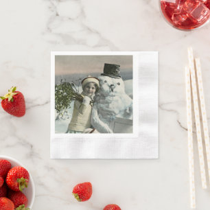 Oud Kerstmis Meisje Met Sneeuwman Servet