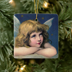 Oud Kerstmis, Mooie Engel met Gouden Sterren Keramisch Ornament