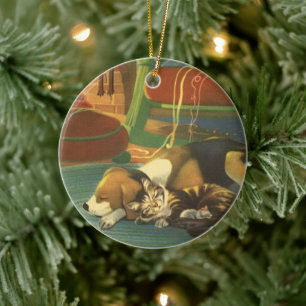 Oud Kerstmis, Slapende Dieren bij de Haard Keramisch Ornament