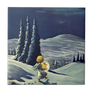 Oud Kerstmis, Sneeuwengel Wandelt met een Ster Tegeltje