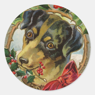 Oud Kerstmis, Teckel Puppy Hond met Hulst Ronde Sticker