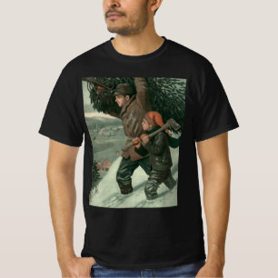 Oud Kerstmis, Vader en Zoon Kappen een Boom T-shirt