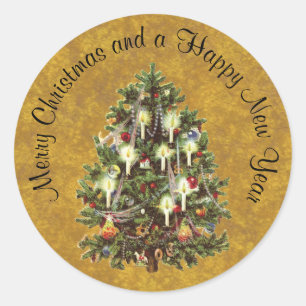 Oud Kerstmis, Versierde Victoriaanse Boom Ronde Sticker