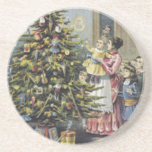 Oud Kerstmis, Victoriaans gezin rond de kerstboom Zandsteen Onderzetter