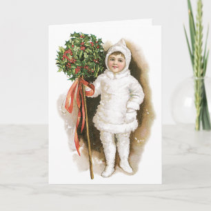 Oud Kerstmis, Victoriaans meisje met hulst Feestdagen Kaart