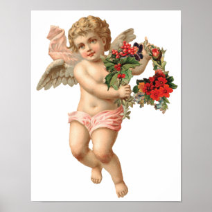 Oud Kerstmis, Victoriaanse engel met bloemenkrans Poster