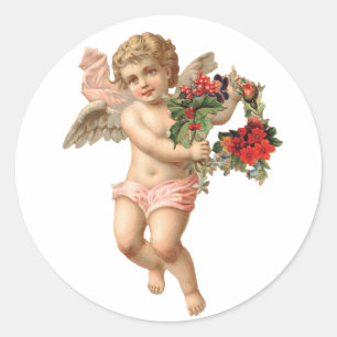 Oud Kerstmis, Victoriaanse engel met bloemenkrans Ronde Sticker