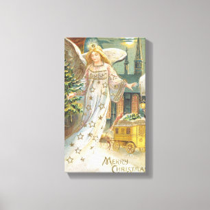 Oud Kerstmis, Victoriaanse engel met boom Canvas Afdruk