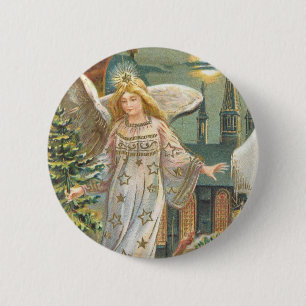 Oud Kerstmis, Victoriaanse engel met boom Ronde Button 5,7 Cm