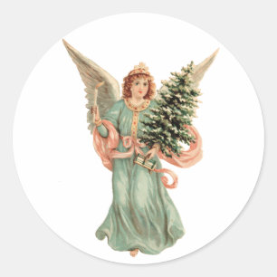 Oud Kerstmis, Victoriaanse engel met boom Ronde Sticker