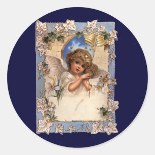 Oud Kerstmis, Victoriaanse engel met gouden bellen Ronde Sticker