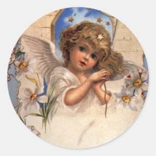 Oud Kerstmis, Victoriaanse engel met gouden bellen Ronde Sticker