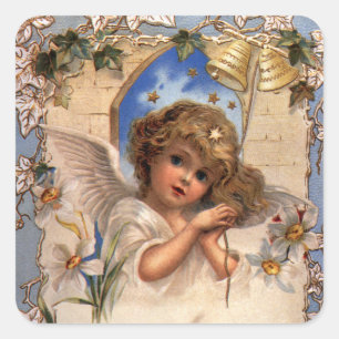 Oud Kerstmis, Victoriaanse engel met gouden bellen Vierkante Sticker