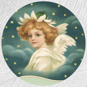 Oud Kerstmis, Victoriaanse engel met gouden sterre Ronde Sticker