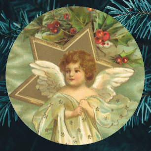 Oud Kerstmis, Victoriaanse engel met gouden sterre Ronde Sticker