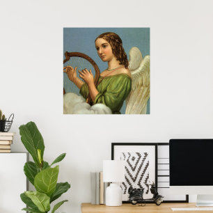 Oud Kerstmis, Victoriaanse engel met muziekharp Poster