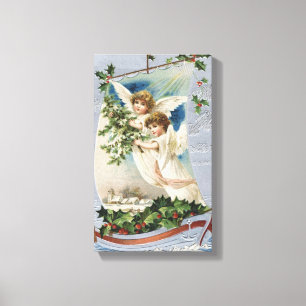 Oud Kerstmis, Victoriaanse engelen in een zeilboot Canvas Afdruk