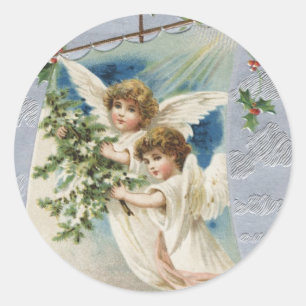 Oud Kerstmis, Victoriaanse engelen in een zeilboot Ronde Sticker