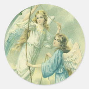Oud Kerstmis, Victoriaanse engelen met een bel Ronde Sticker
