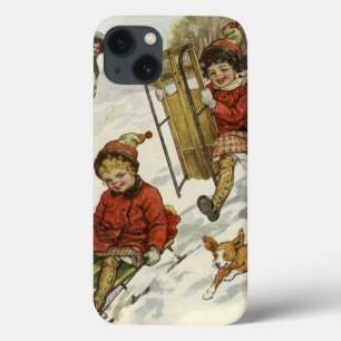 Oud Kerstmis, Victoriaanse kinderen sleeën hond iPhone 13 Hoesje