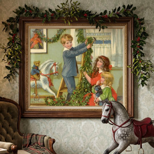 Oud Kerstmis, Victoriaanse kinderen versieren Poster
