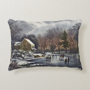 Oud Kerstmis, Vroege Winter Schaatsers op een Vijv Accent Kussen