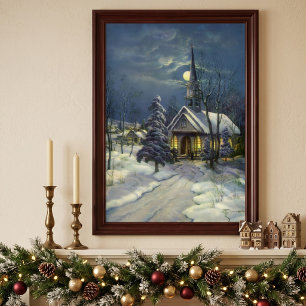 Oud Kerstmis, Winterkerk in de Sneeuw met Maan Poster