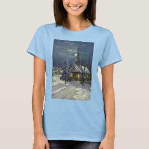 Oud Kerstmis, Winterkerk in de Sneeuw met Maan T-shirt