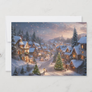 Oud Kerstmisdorp op een Besneeuwde Nacht Feestdagenkaart