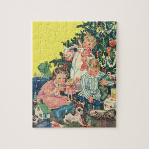 Oud kerstochtend, kinderen die cadeaus openmaken legpuzzel