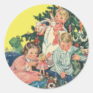 Oud kerstochtend, kinderen die cadeaus openmaken ronde sticker