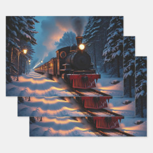 Oud Kersttrein Besneeuwde Nacht Aquarel Inpakpapier Vel