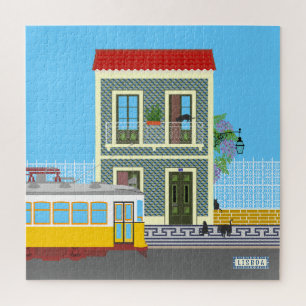 Oud Lissabon huis met katten en gele tram Legpuzzel