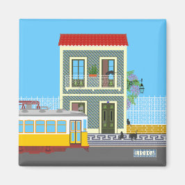 Oud Lissabon huis met katten en gele tram Magneet