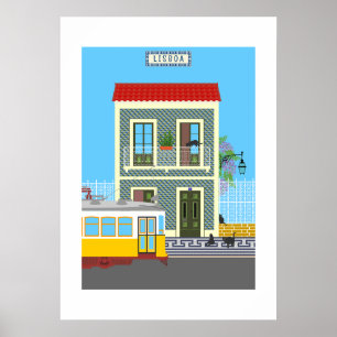 Oud Lissabon huis met katten en gele tram Poster