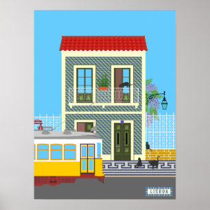 Oud Lissabon huis met katten en gele tram Poster