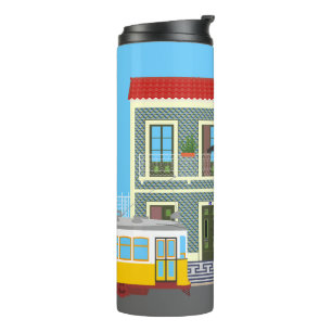 Oud Lissabon huis met katten en gele tram Thermosbeker
