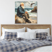 Oud man bij het zee, meeuwen vliegen canvas afdruk (Insitu (Slaapkamer))