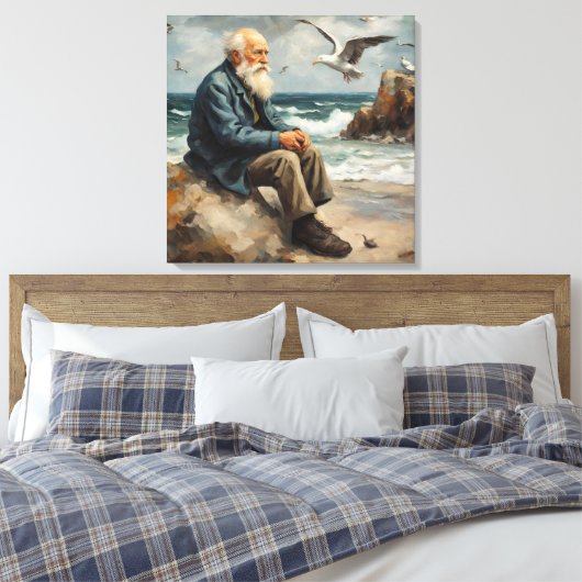 Oud man bij het zee, meeuwen vliegen canvas afdruk (Insitu (Slaapkamer))