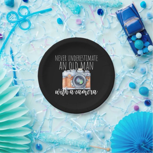 Oud Man met camera Papieren Bordje (Feest)