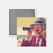 Oud Man met Spyglass op het strand, Grappig Magneet (Voorkant / Achterkant)