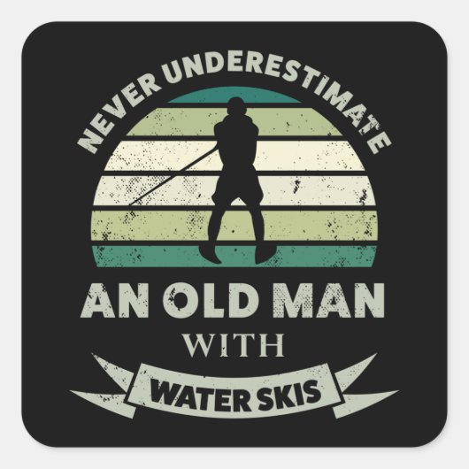 Oud Man met water Skis Funny Dad Gift Vierkante Sticker (Voorkant)