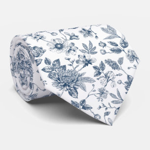 Oud marineblauw bloemmotief Toile-De-Jouy-patroon Stropdas