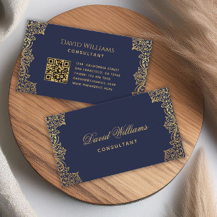 Oud marineblauw goud QR-code elegant antiek Visitekaartje